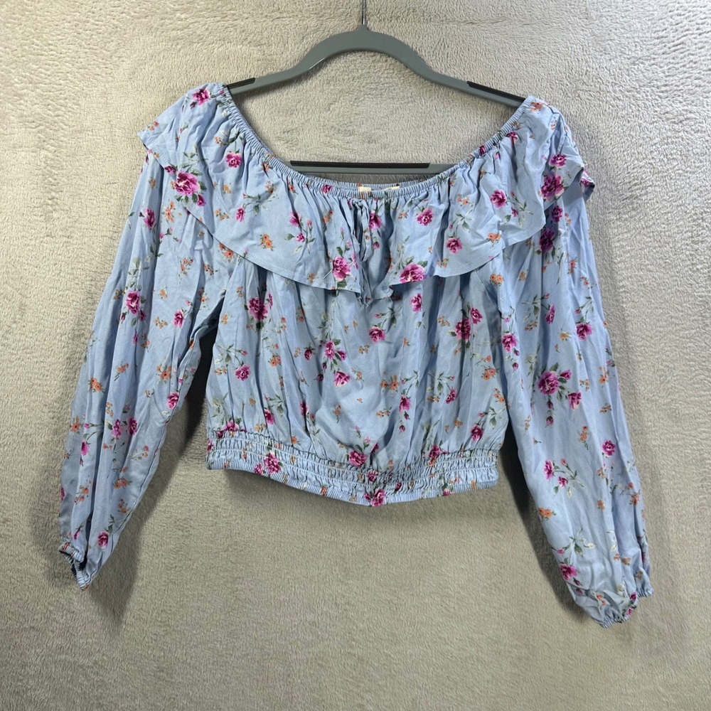 Live To Be Spoiled Floral Off Shoulder Ruffle Crop Top Blue Sz L Festival